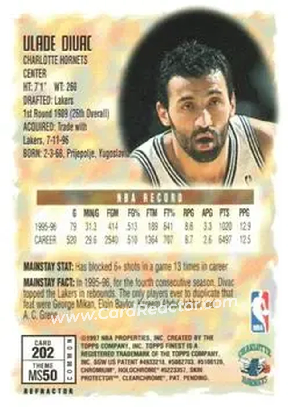 1996-97 Finest - Refractors #202 - Vlade Divac - Charlotte Hornets