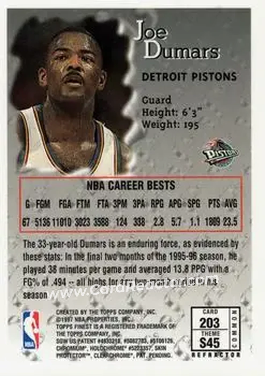 1996-97 Finest - Refractors #203 - Joe Dumars - Detroit Pistons