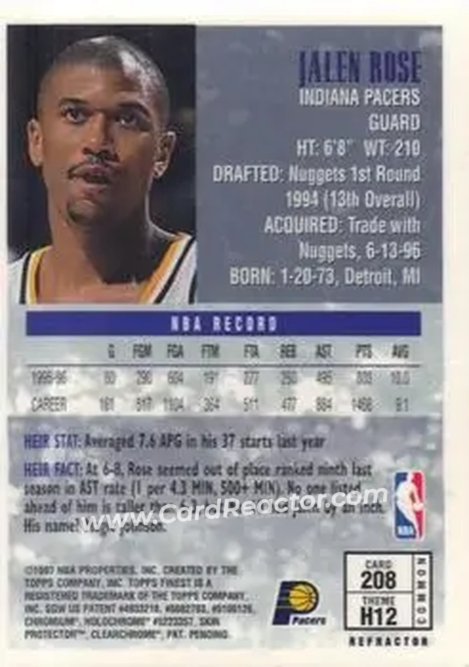 1996-97 Finest - Refractors #208 - Jalen Rose - Indiana Pacers