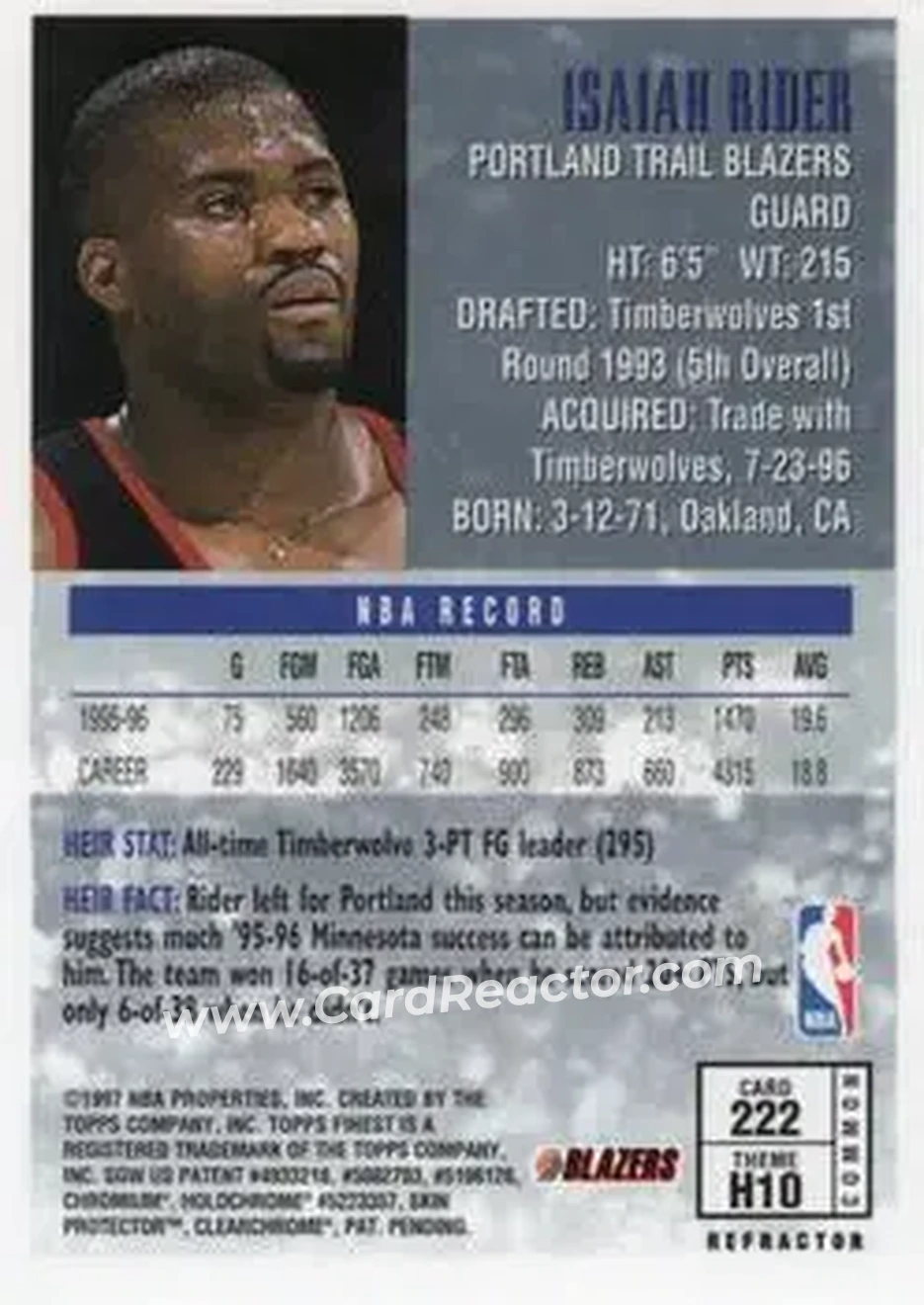 1996-97 Finest - Refractors #222 - Isaiah Rider - Portland Trail Blazers