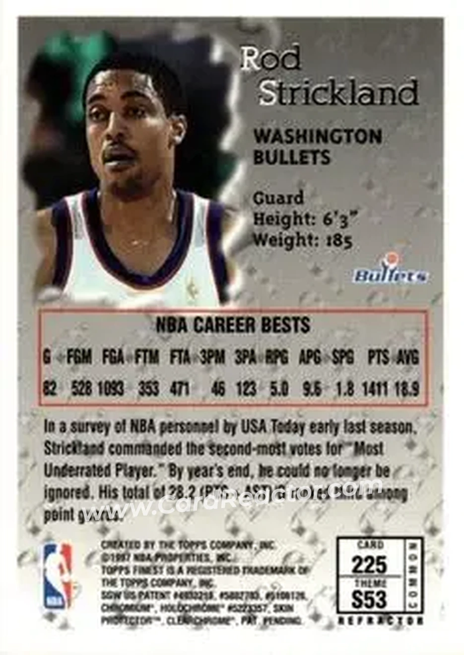 1996-97 Finest - Refractors #225 - Rod Strickland - Washington Bullets