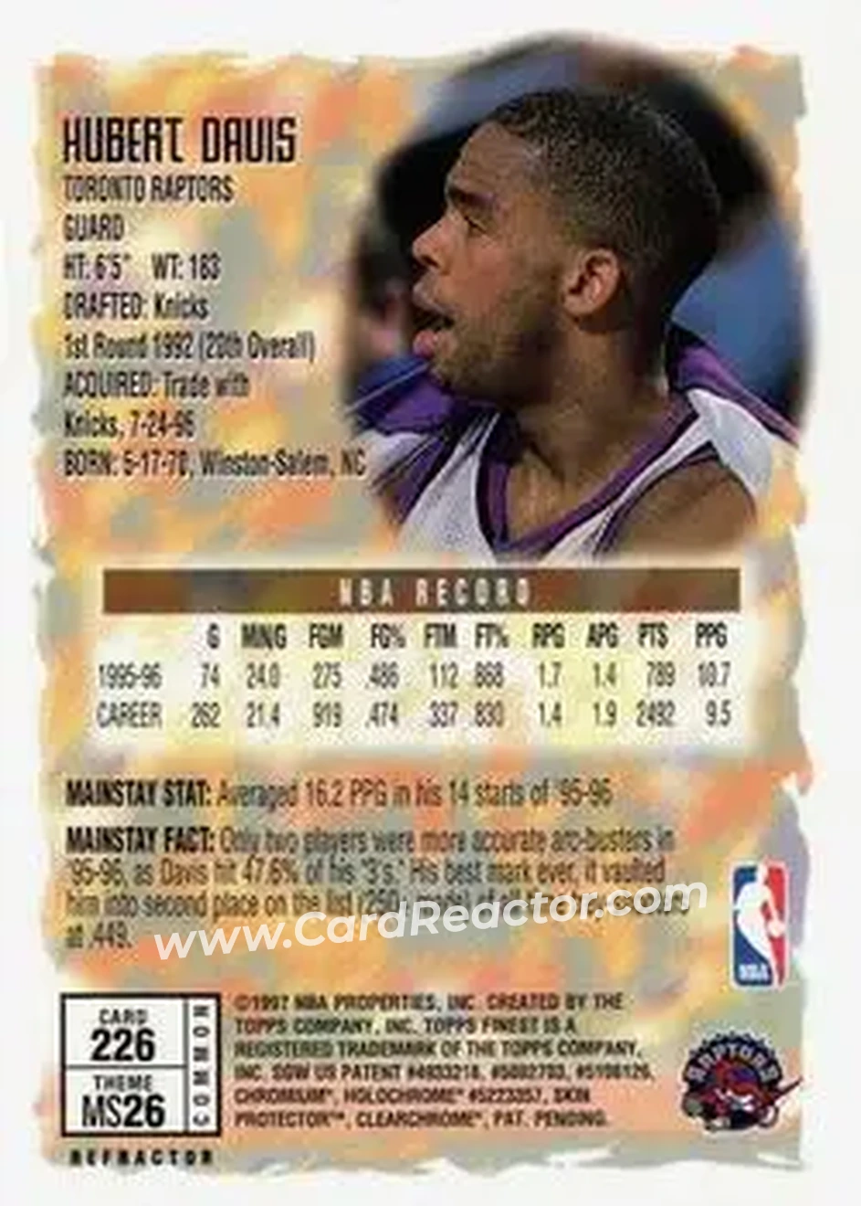 1996-97 Finest - Refractors #226 - Hubert Davis - Toronto Raptors 1996-97 Finest - Refractors #226 - Hubert Davis - Toronto Raptors