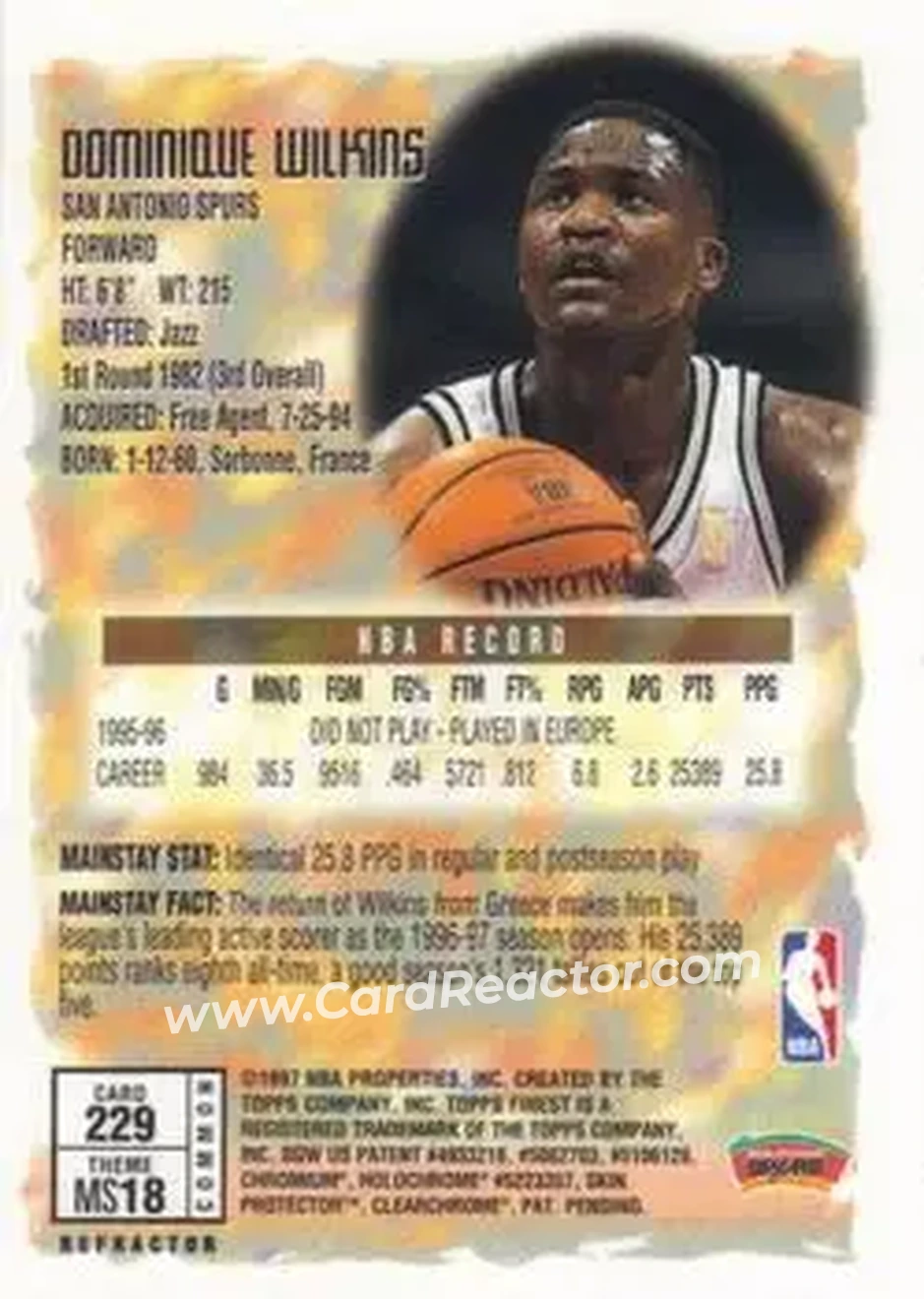 1996-97 Finest - Refractors #229 - Dominique Wilkins - San Antonio Spurs