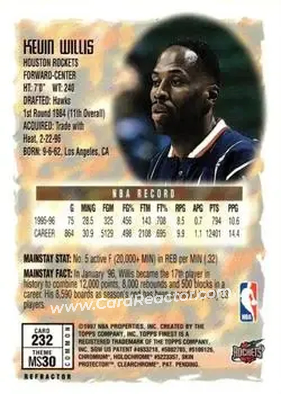 1996-97 Finest - Refractors #232 - Kevin Willis - Houston Rockets 1996-97 Finest - Refractors #232 - Kevin Willis - Houston Rockets