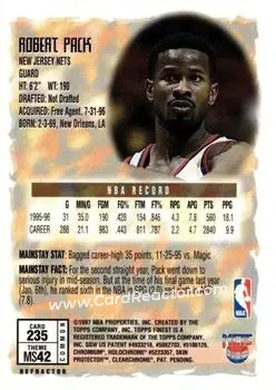1996-97 Finest - Refractors #235 - Robert Pack - New Jersey Nets