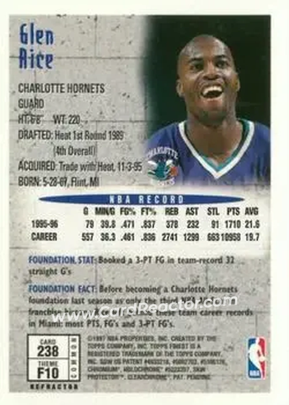 1996-97 Finest - Refractors #238 - Glen Rice - Charlotte Hornets 1996-97 Finest - Refractors #238 - Glen Rice - Charlotte Hornets