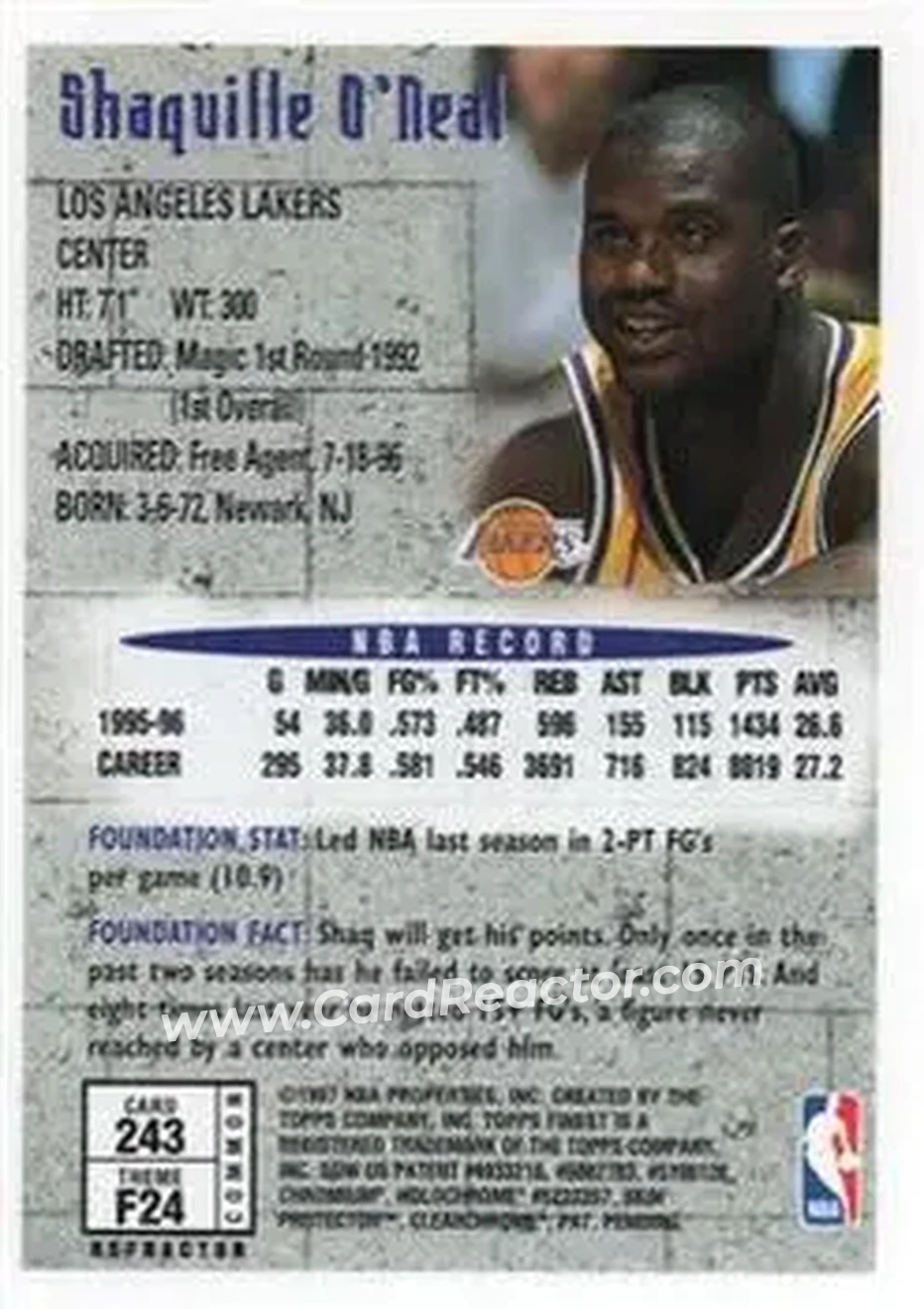 1996-97 Finest - Refractors #243 - Shaquille O'Neal - Los Angeles Lakers