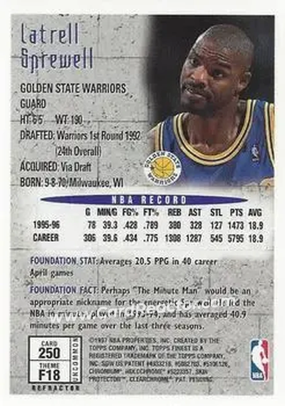 1996-97 Finest - Refractors #250 - Latrell Sprewell - Golden State Warriors 1996-97 Finest - Refractors #250 - Latrell Sprewell - Golden State Warriors