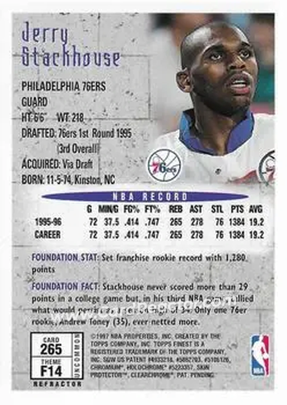 1996-97 Finest - Refractors #265 - Jerry Stackhouse - Philadelphia 76ers