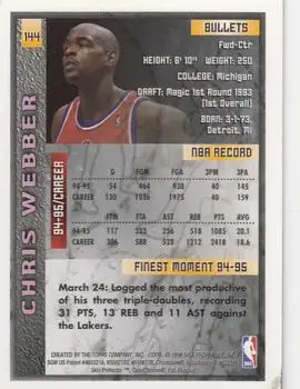 1995-96 Finest #144 - Chris Webber - Washington Bullets - Back 1995-96 Finest #144 - Chris Webber - Washington Bullets - Back