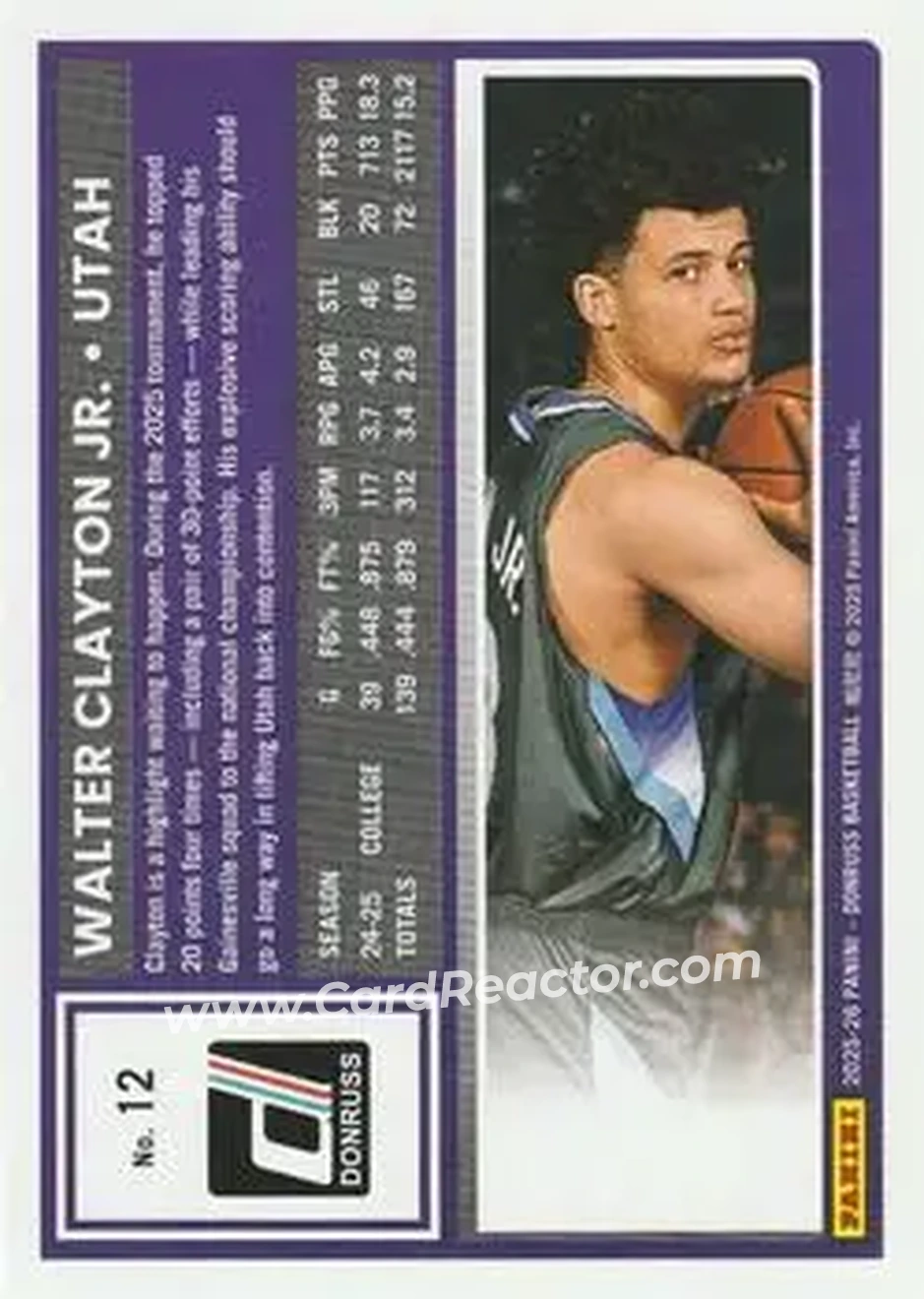 2025-26 Donruss #12 - Walter Clayton Jr. - Utah Jazz - Back