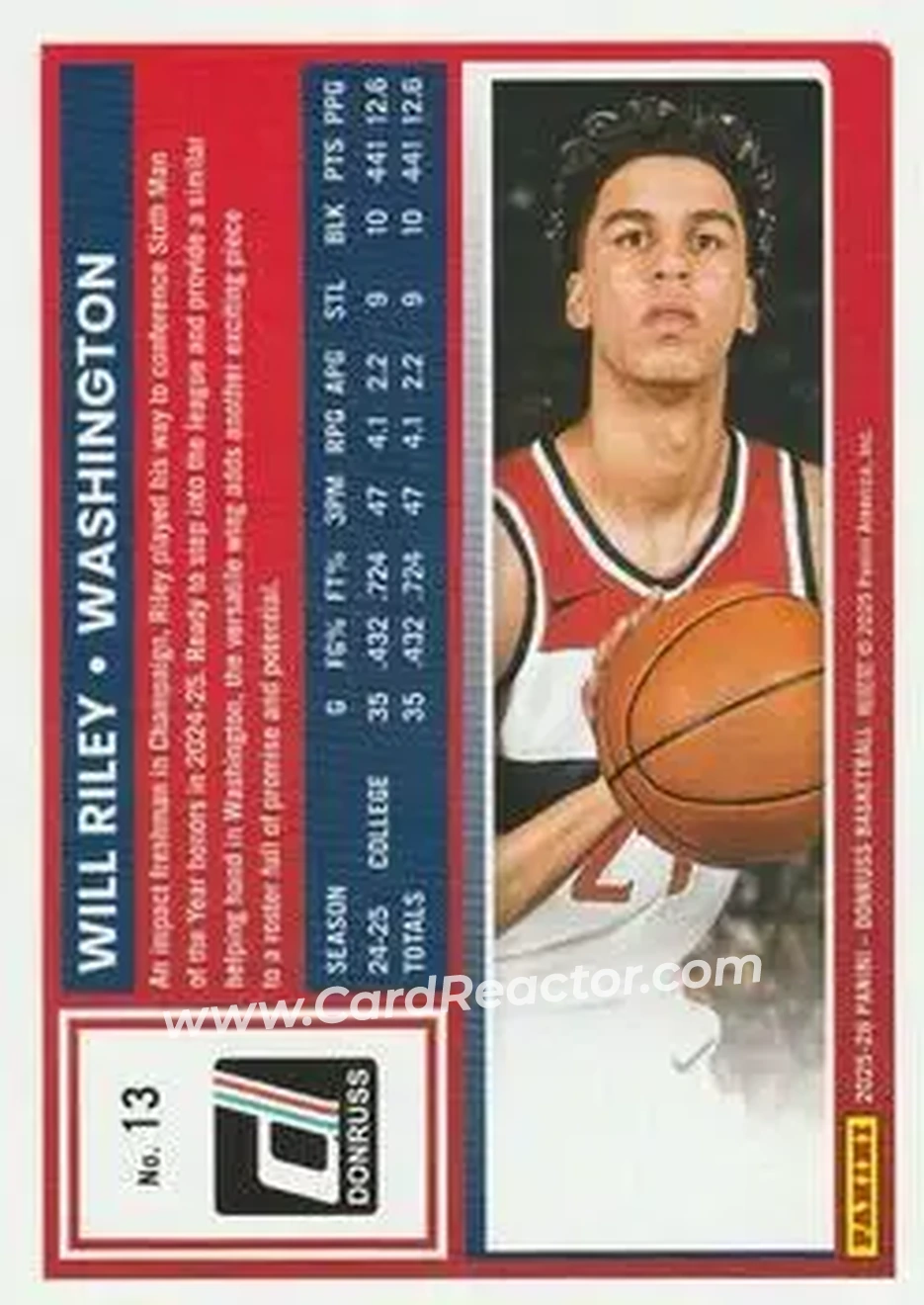 2025-26 Donruss #13 - Will Riley - Washington Wizards - Back