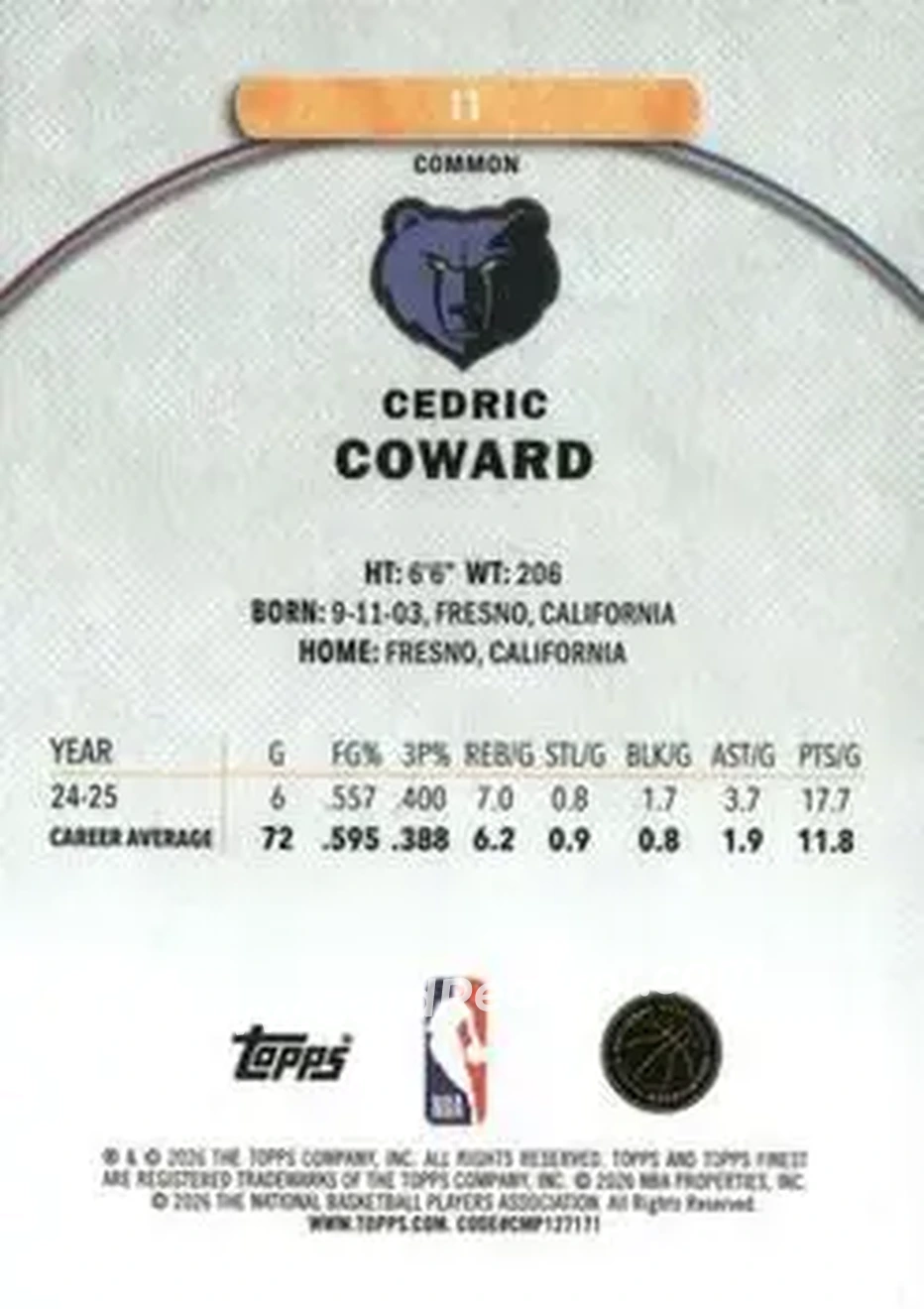 2025-26 Finest #11 - Cedric Coward - Memphis Grizzlies - Back