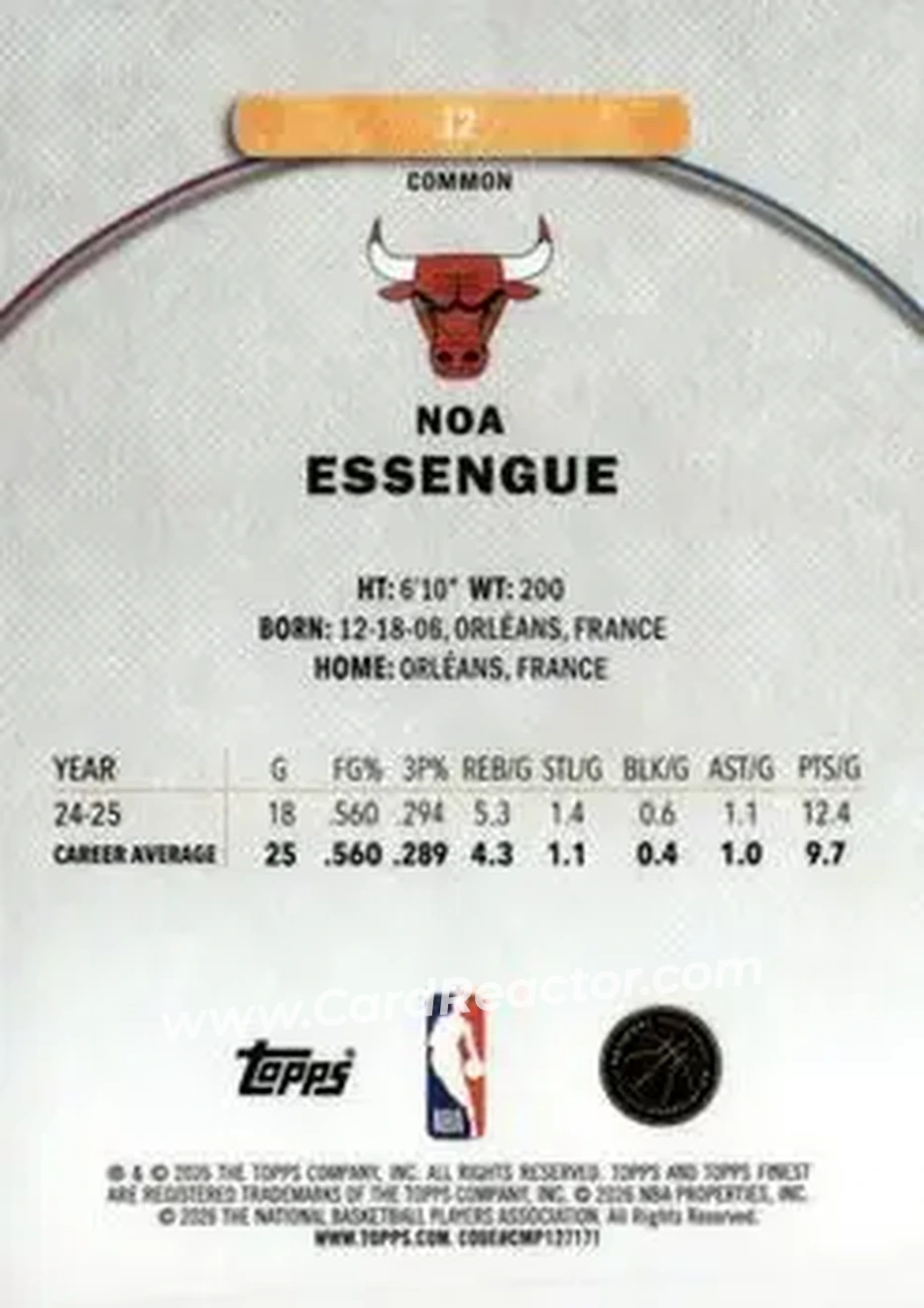 2025-26 Finest #12 - Noa Essengue - Chicago Bulls - Back