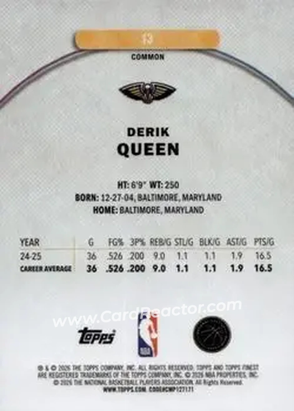 2025-26 Finest #13 - Derik Queen - New Orleans Pelicans - Back 2025-26 Finest #13 - Derik Queen - New Orleans Pelicans - Back