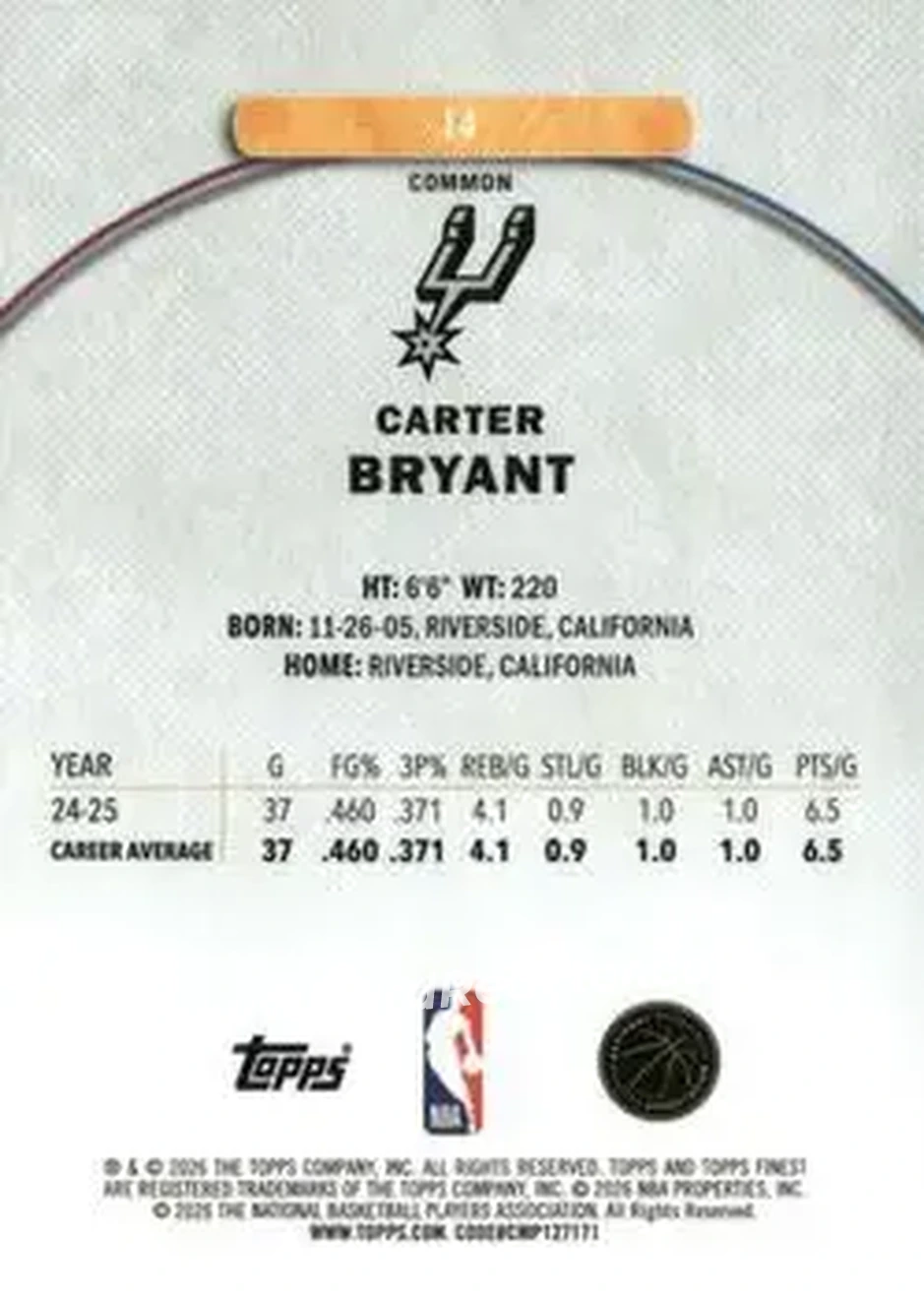 2025-26 Finest #14 - Carter Bryant - San Antonio Spurs - Back 2025-26 Finest #14 - Carter Bryant - San Antonio Spurs - Back