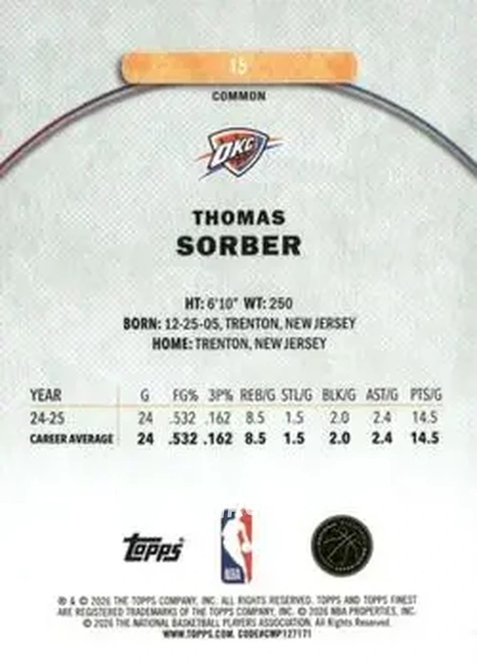2025-26 Finest #15 - Thomas Sorber - Oklahoma City Thunder - Back 2025-26 Finest #15 - Thomas Sorber - Oklahoma City Thunder - Back