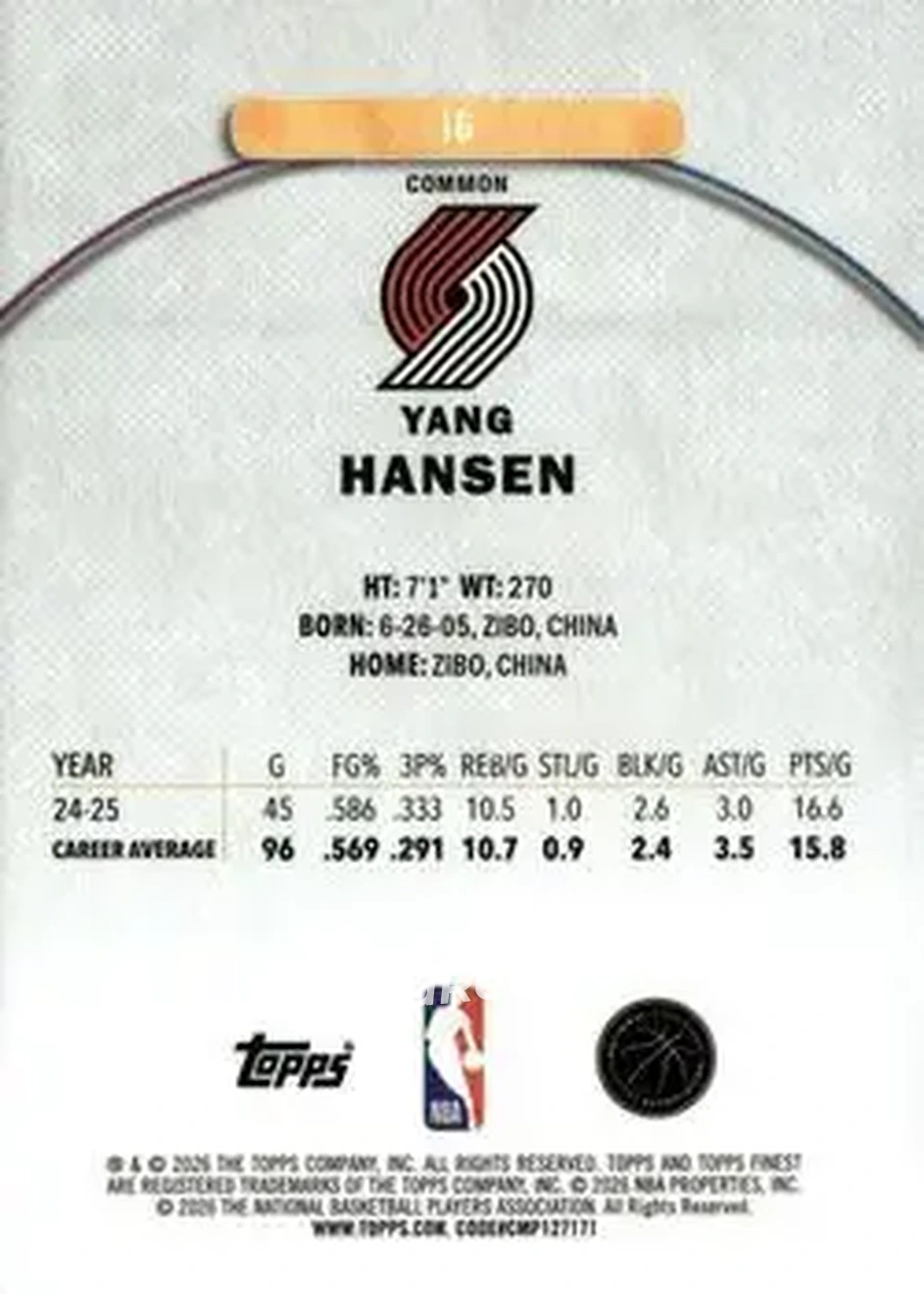 2025-26 Finest #16 - Yang Hansen - Portland Trail Blazers - Back
