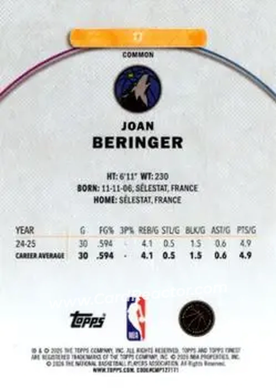 2025-26 Finest #17 - Joan Beringer - Minnesota Timberwolves - Back