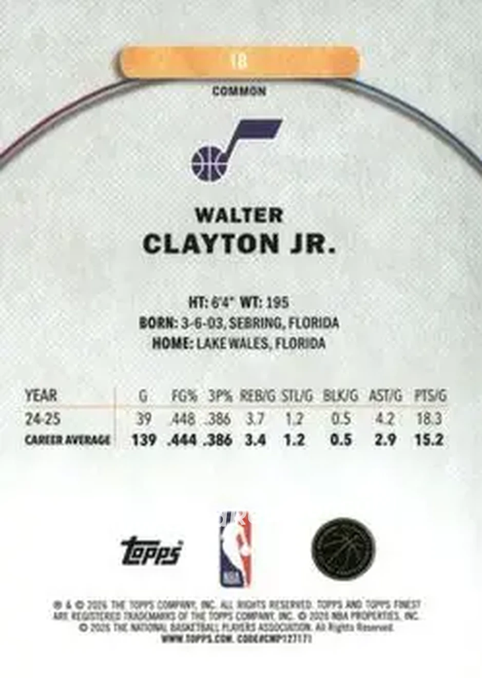 2025-26 Finest #18 - Walter Clayton Jr. - Utah Jazz - Back 2025-26 Finest #18 - Walter Clayton Jr. - Utah Jazz - Back