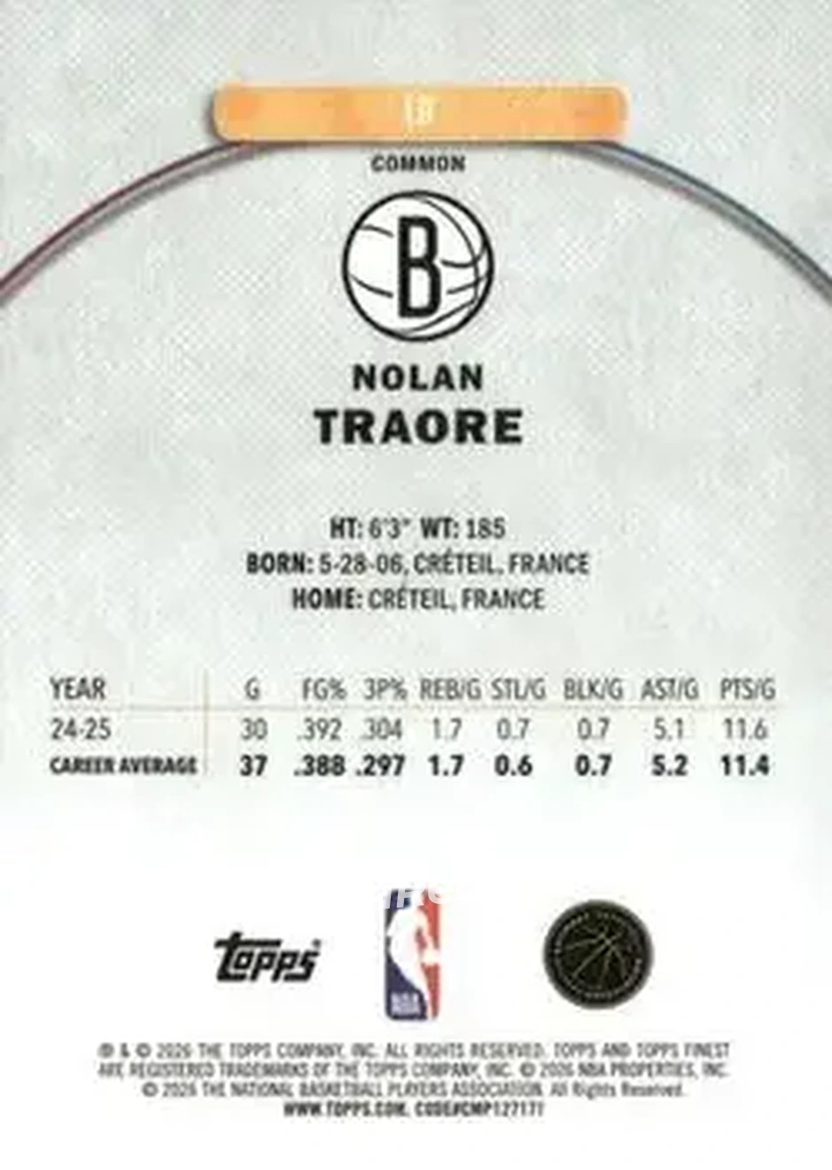 2025-26 Finest #19 - Nolan Traoré - Brooklyn Nets - Back 2025-26 Finest #19 - Nolan Traoré - Brooklyn Nets - Back