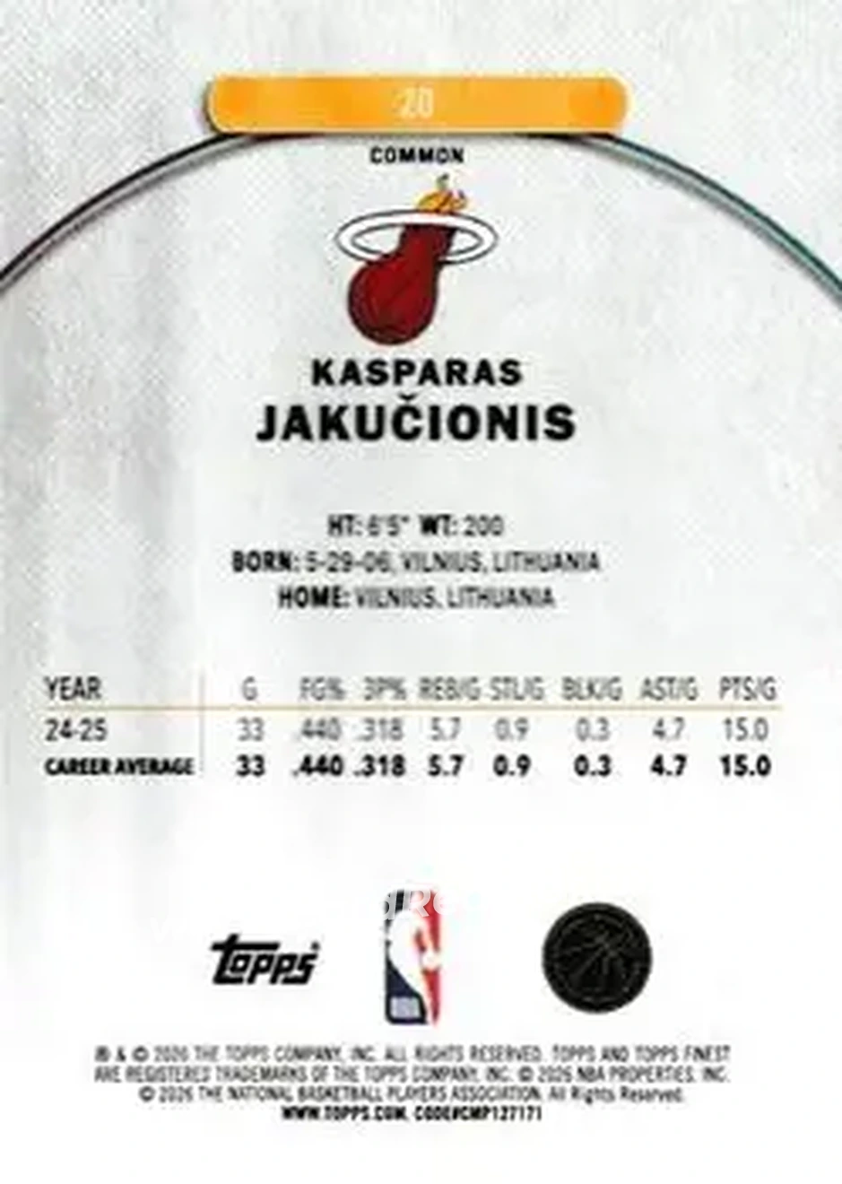 2025-26 Finest #20 - Kasparas Jakučionis - Miami Heat - Back 2025-26 Finest #20 - Kasparas Jakučionis - Miami Heat - Back