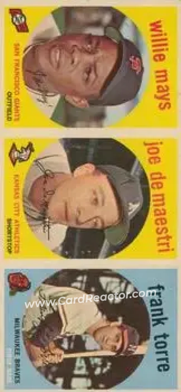 1959 Topps - Salesman Samples #NNO - Willie Mays - Joe DeMaestri - Frank Torre - San Francisco Giants - Kansas City Athletics - Milwaukee Braves - Front