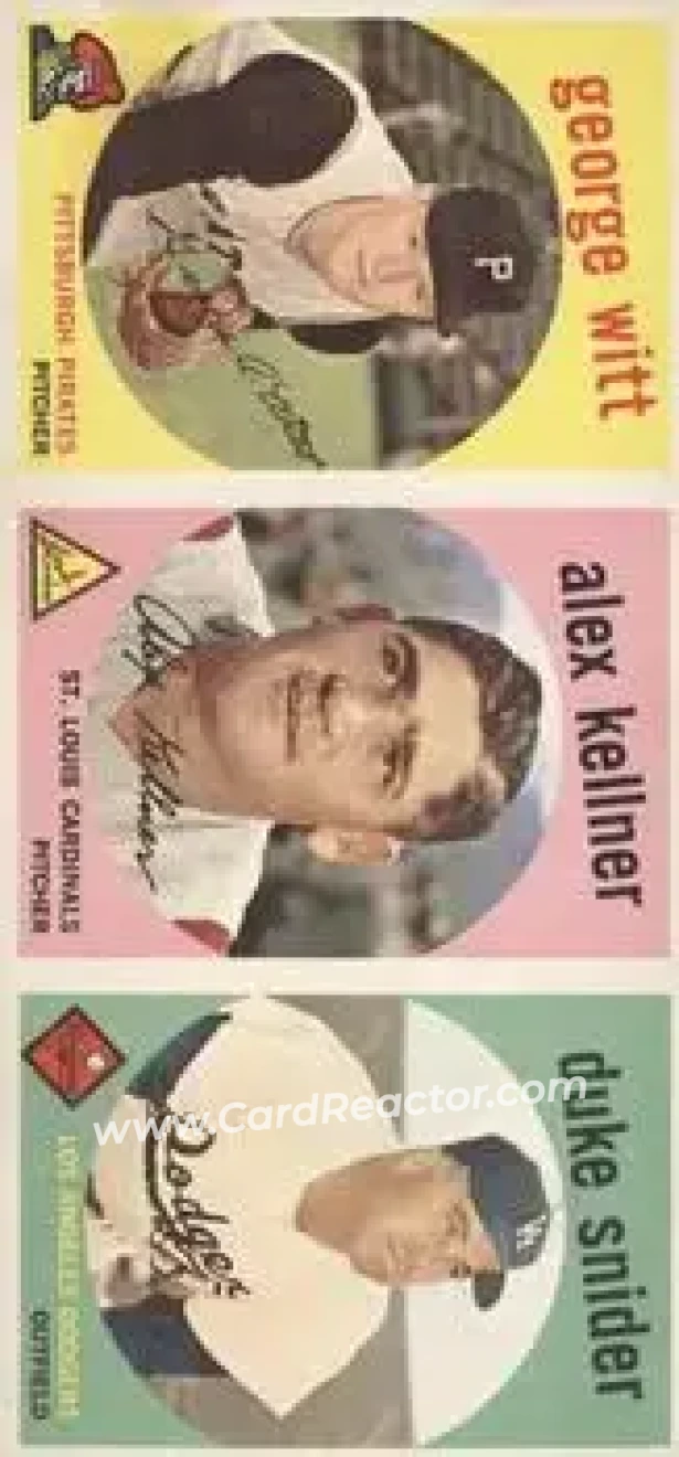 1959 Topps - Salesman Samples #NNO - George Witt - Alex Kellner - Duke Snider - Pittsburgh Pirates - St. Louis Cardinals - Los Angeles Dodgers - Front 1959 Topps - Salesman Samples #NNO - George Witt - Alex Kellner - Duke Snider - Pittsburgh Pirates - St. Louis Cardinals - Los Angeles Dodgers - Front