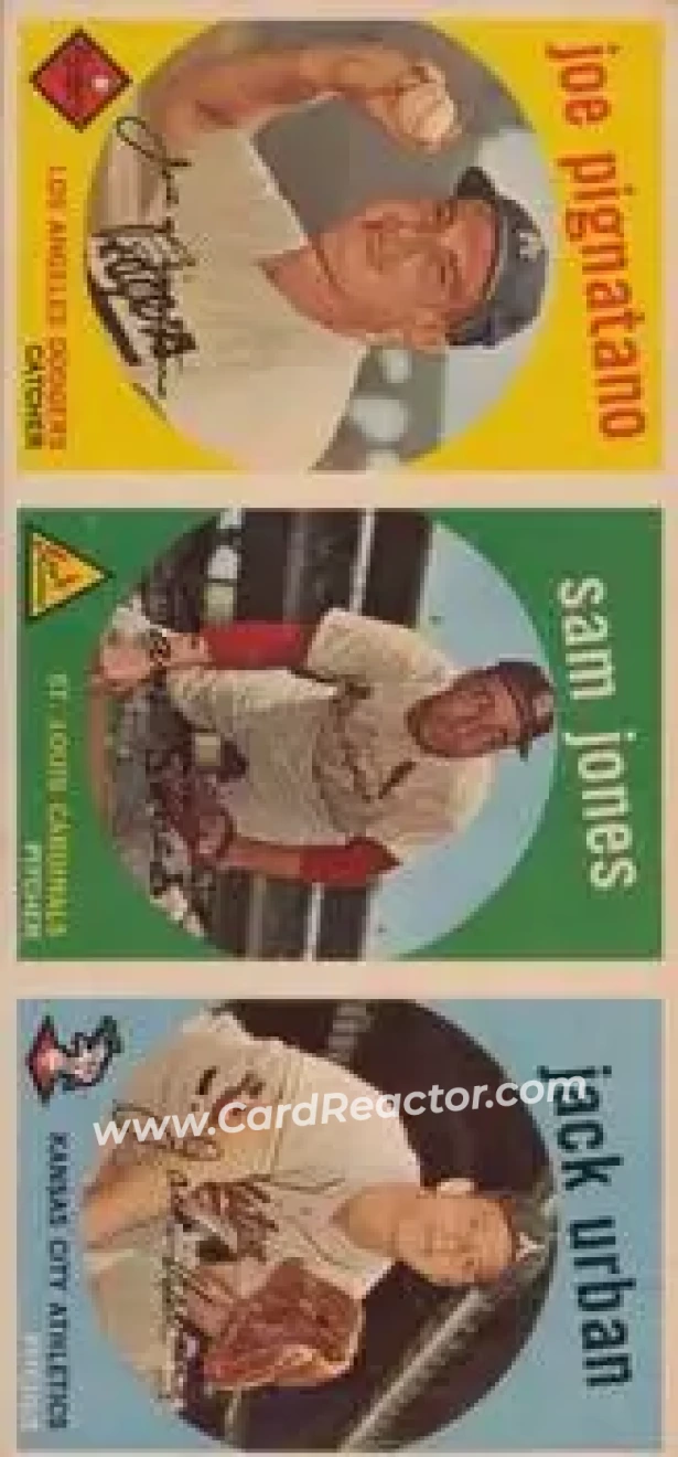 1959 Topps - Salesman Samples #NNO - Joe Pignatano - Sam Jones - Jack Urban - Los Angeles Dodgers - St. Louis Cardinals - Kansas City Athletics - Front 1959 Topps - Salesman Samples #NNO - Joe Pignatano - Sam Jones - Jack Urban - Los Angeles Dodgers - St. Louis Cardinals - Kansas City Athletics - Front