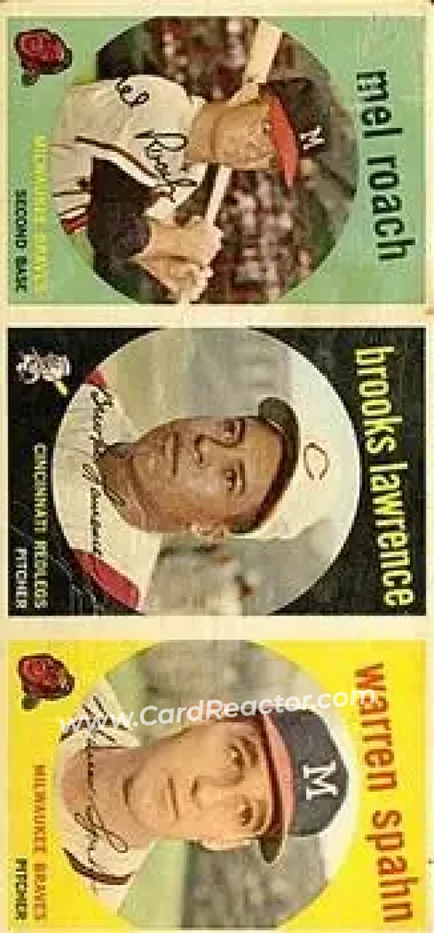 1959 Topps - Salesman Samples #NNO - Mel Roach - Brooks Lawrence - Warren Spahn - Milwaukee Braves - Cincinnati Redlegs - Front 1959 Topps - Salesman Samples #NNO - Mel Roach - Brooks Lawrence - Warren Spahn - Milwaukee Braves - Cincinnati Redlegs - Front