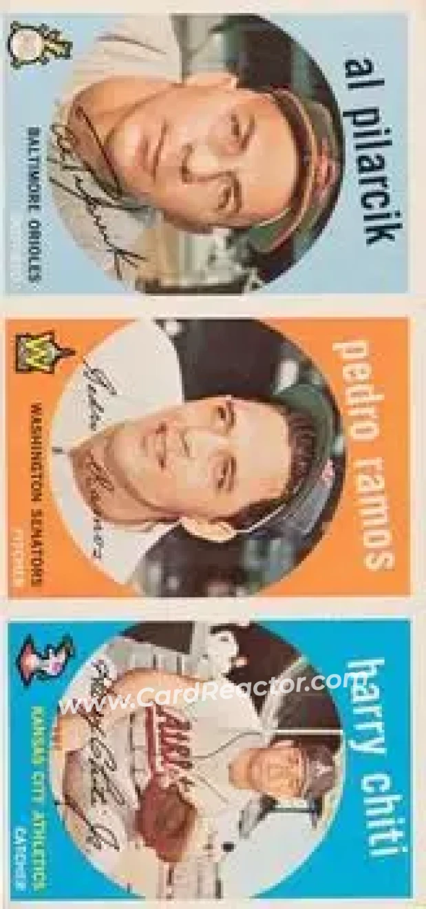 1959 Topps - Salesman Samples #NNO - Al Pilarcik - Pedro Ramos - Harry Chiti - Baltimore Orioles - Washington Senators - Kansas City Athletics - Front 1959 Topps - Salesman Samples #NNO - Al Pilarcik - Pedro Ramos - Harry Chiti - Baltimore Orioles - Washington Senators - Kansas City Athletics - Front