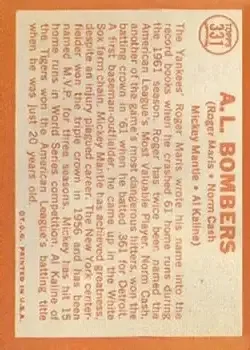 Back of Norm Cash & Al Kaline & Mickey Mantle & Roger Maris