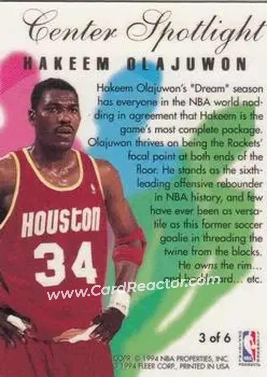 1994-95 Flair - Center Spotlight #3 - Hakeem Olajuwon - Houston Rockets 1994-95 Flair - Center Spotlight #3 - Hakeem Olajuwon - Houston Rockets