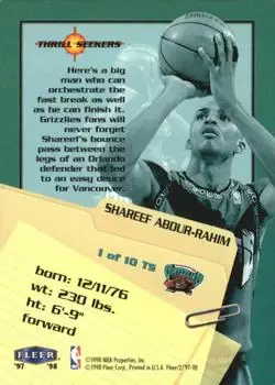 1997-98 Fleer - Thrill Seekers #1TS - Shareef Abdur-Rahim - Vancouver Grizzlies - Back 1997-98 Fleer - Thrill Seekers #1TS - Shareef Abdur-Rahim - Vancouver Grizzlies - Back