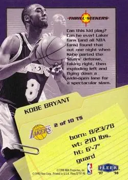 1997-98 Fleer - Thrill Seekers #2TS - Kobe Bryant - Los Angeles Lakers - Back
