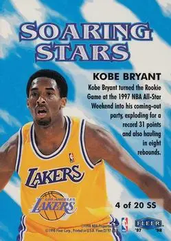 1997-98 Fleer - Soaring Stars #4SS - Kobe Bryant - Los Angeles Lakers - Back 1997-98 Fleer - Soaring Stars #4SS - Kobe Bryant - Los Angeles Lakers - Back