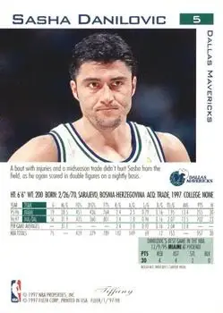 1997-98 Fleer - Traditions Tiffany #5 - Sasha Danilović - Dallas Mavericks - Back