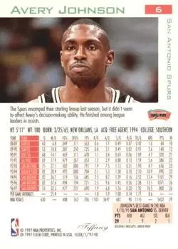 1997-98 Fleer - Traditions Tiffany #6 - Avery Johnson - San Antonio Spurs - Back