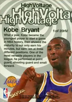 1997-98 Hoops - High Voltage #1 HV - Kobe Bryant - Los Angeles Lakers - Back 1997-98 Hoops - High Voltage #1 HV - Kobe Bryant - Los Angeles Lakers - Back