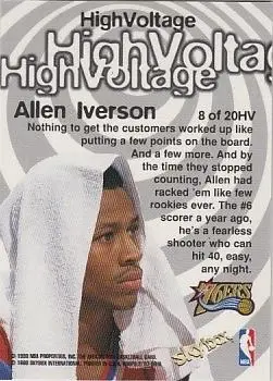 1997-98 Hoops - High Voltage #8 HV - Allen Iverson - Philadelphia 76ers - Back 1997-98 Hoops - High Voltage #8 HV - Allen Iverson - Philadelphia 76ers - Back