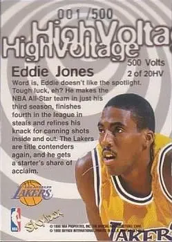 1997-98 Hoops - High Voltage 500 Volts #2 HV - Eddie Jones - Los Angeles Lakers - Back 1997-98 Hoops - High Voltage 500 Volts #2 HV - Eddie Jones - Los Angeles Lakers - Back