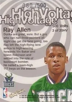 1997-98 Hoops - High Voltage 500 Volts #3 HV - Ray Allen - Milwaukee Bucks - Back 1997-98 Hoops - High Voltage 500 Volts #3 HV - Ray Allen - Milwaukee Bucks - Back