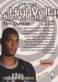 1997-98 Hoops - High Voltage 500 Volts #15 HV - Tim Duncan - San Antonio Spurs - Back 1997-98 Hoops - High Voltage 500 Volts #15 HV - Tim Duncan - San Antonio Spurs - Back