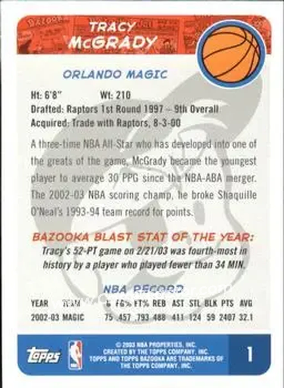2003-04 Bazooka #1 - Tracy McGrady - Orlando Magic