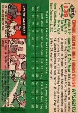 1954 Topps #139 - Ed & John O'Brien - Pittsburgh Pirates - Back