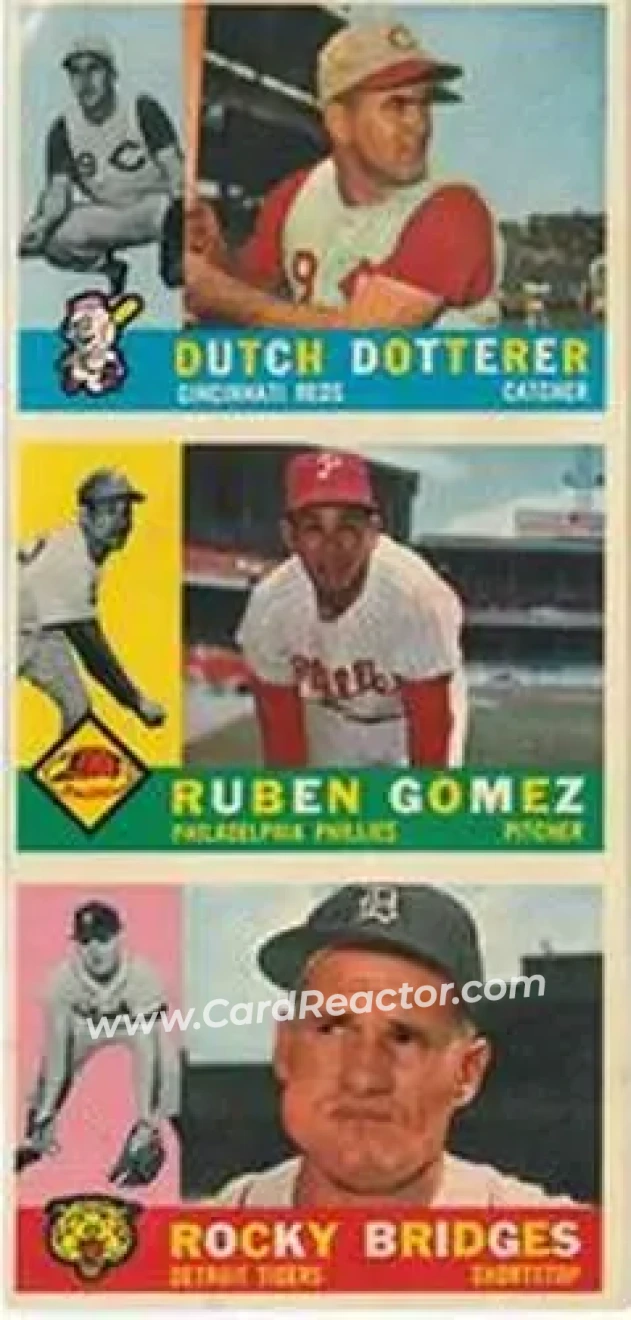 1960 Topps - Salesman Samples #NNO - Dutch Dotterer - Ruben Gomez - Rocky Bridges - Cincinnati Reds - Philadelphia Phillies - Detroit Tigers - Front 1960 Topps - Salesman Samples #NNO - Dutch Dotterer - Ruben Gomez - Rocky Bridges - Cincinnati Reds - Philadelphia Phillies - Detroit Tigers - Front