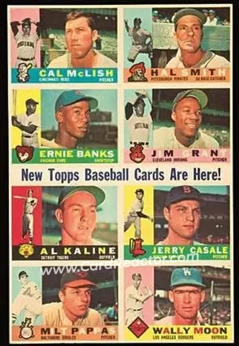1960 Topps - Salesman Samples #NNO - Cal McLish - Hal Smith - Ernie Banks - Jim Grant - Al Kaline - Jerry Casale - Milt Pappas - Wally Moon - Cincinnati Reds - Pittsburgh Pirates - Chicago Cubs - Cleveland Indians - Detroit Tigers - Boston Red Sox - Baltimore Orioles - Los Angeles Dodgers - Front