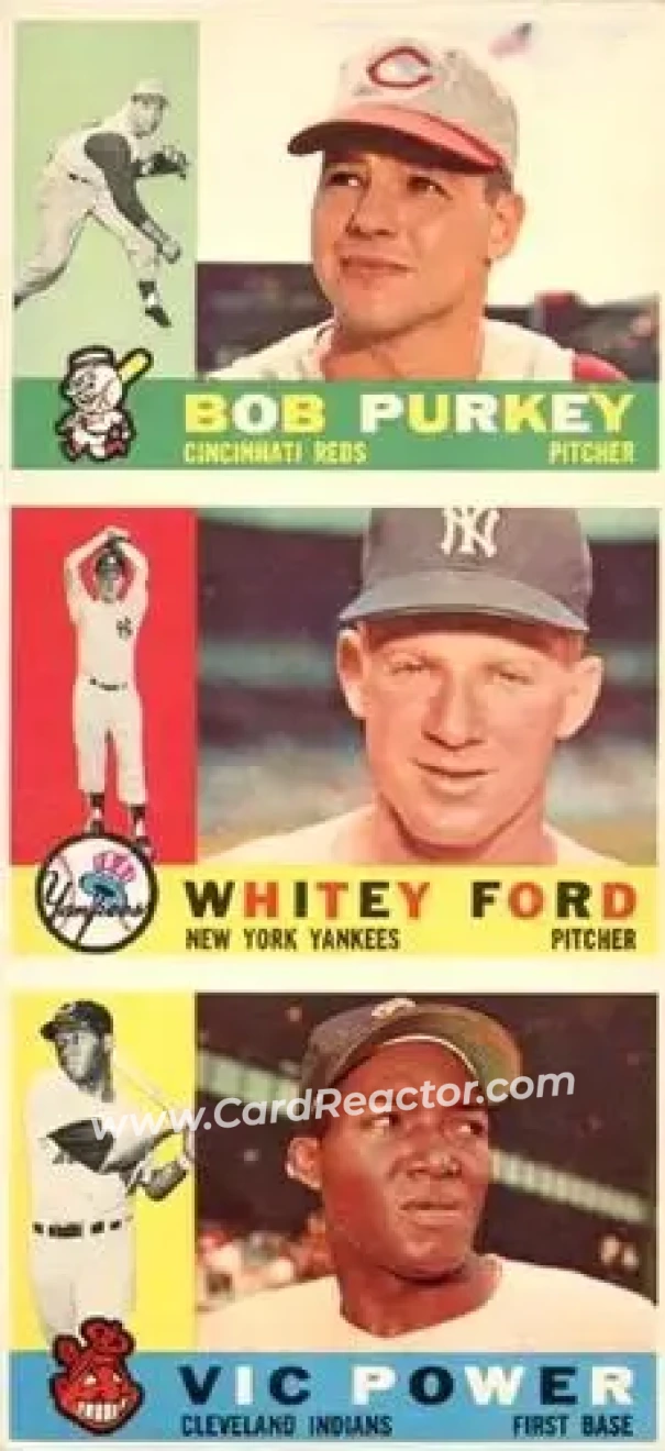 1960 Topps - Salesman Samples #NNO - Bob Purkey - Vic Power - Whitey Ford - Cincinnati Reds - Cleveland Indians - New York Yankees - Front 1960 Topps - Salesman Samples #NNO - Bob Purkey - Vic Power - Whitey Ford - Cincinnati Reds - Cleveland Indians - New York Yankees - Front