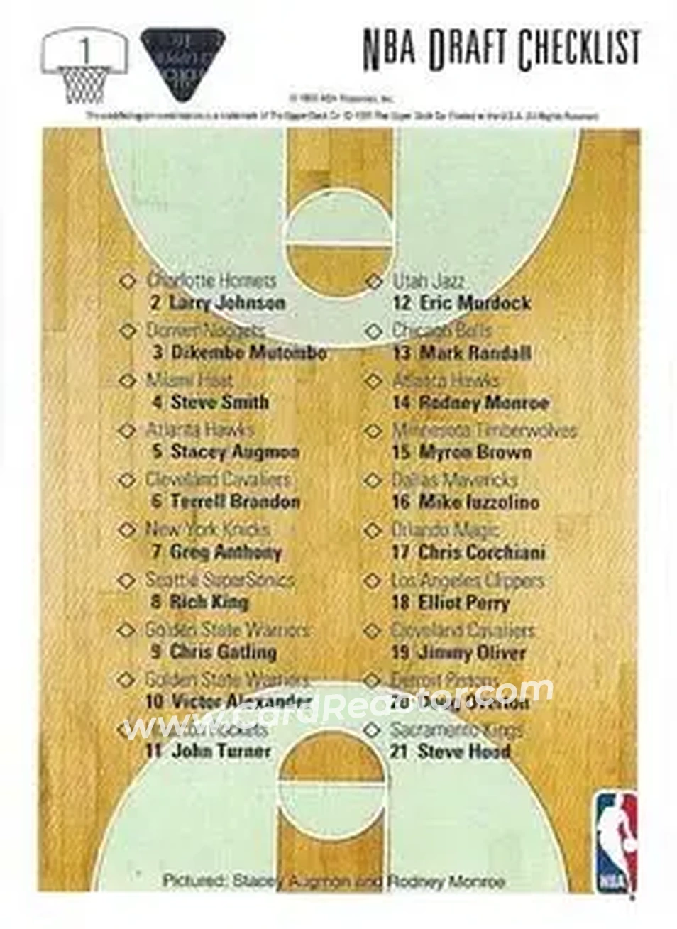 1991-92 Upper Deck #1 - NBA Draft Checklist (Stacey Augmon - Rodney Monroe) DPK, CL, VAR - Atlanta Hawks - Atlanta Hawks - Back 1991-92 Upper Deck #1 - NBA Draft Checklist (Stacey Augmon - Rodney Monroe) DPK, CL, VAR - Atlanta Hawks - Atlanta Hawks - Back