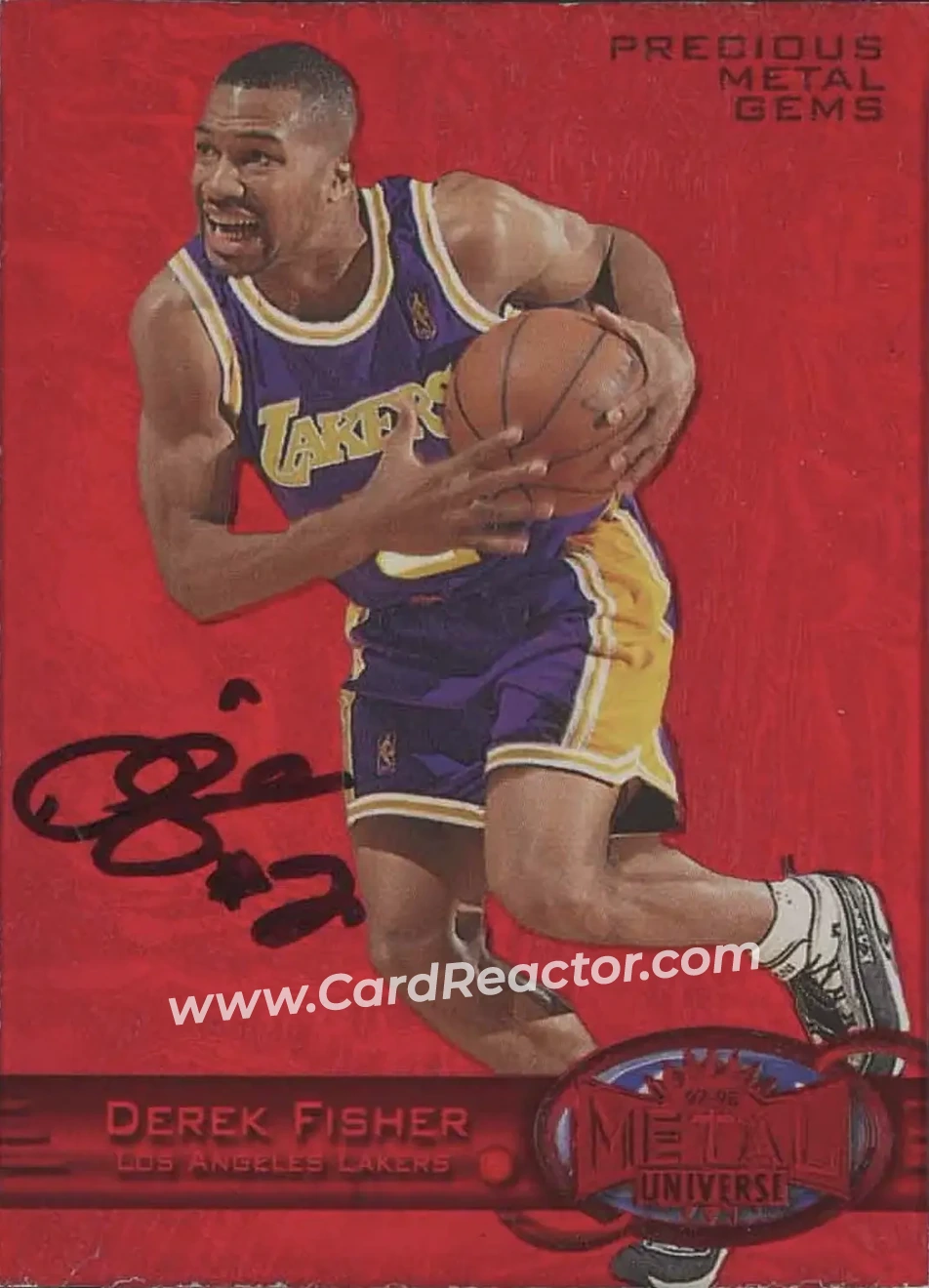 1997-98 Metal Universe - Precious Metal Gems Red #3 PMG - Derek Fisher - Los Angeles Lakers - Front 1997-98 Metal Universe - Precious Metal Gems Red #3 PMG - Derek Fisher - Los Angeles Lakers - Front